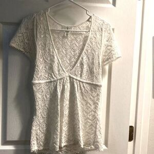 LOFT Crochet Lace V Neck Top White
